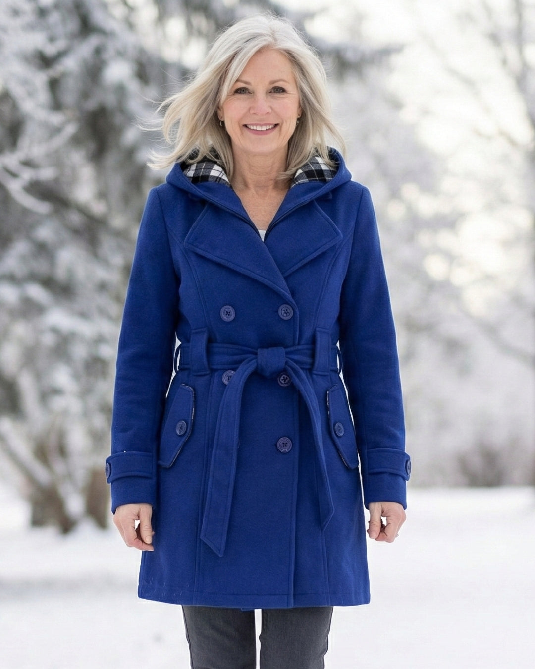 Blue wool hooded coat with plaid-lined hood, double-breasted buttons, and waist belt.