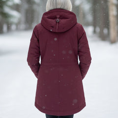 Burgundy sherpa-lined parka back view with hood and center back zip