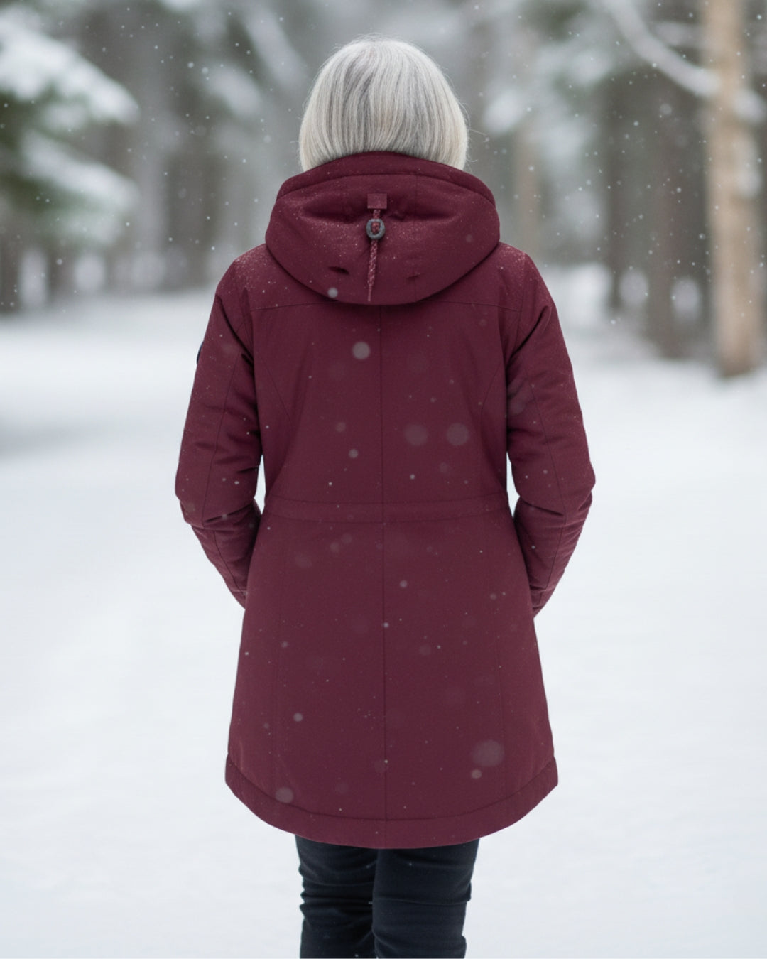 Burgundy sherpa-lined parka back view with hood and center back zip