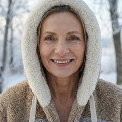 Colorblock plush jacket hood with white drawstrings and zip front; beige and cream panels