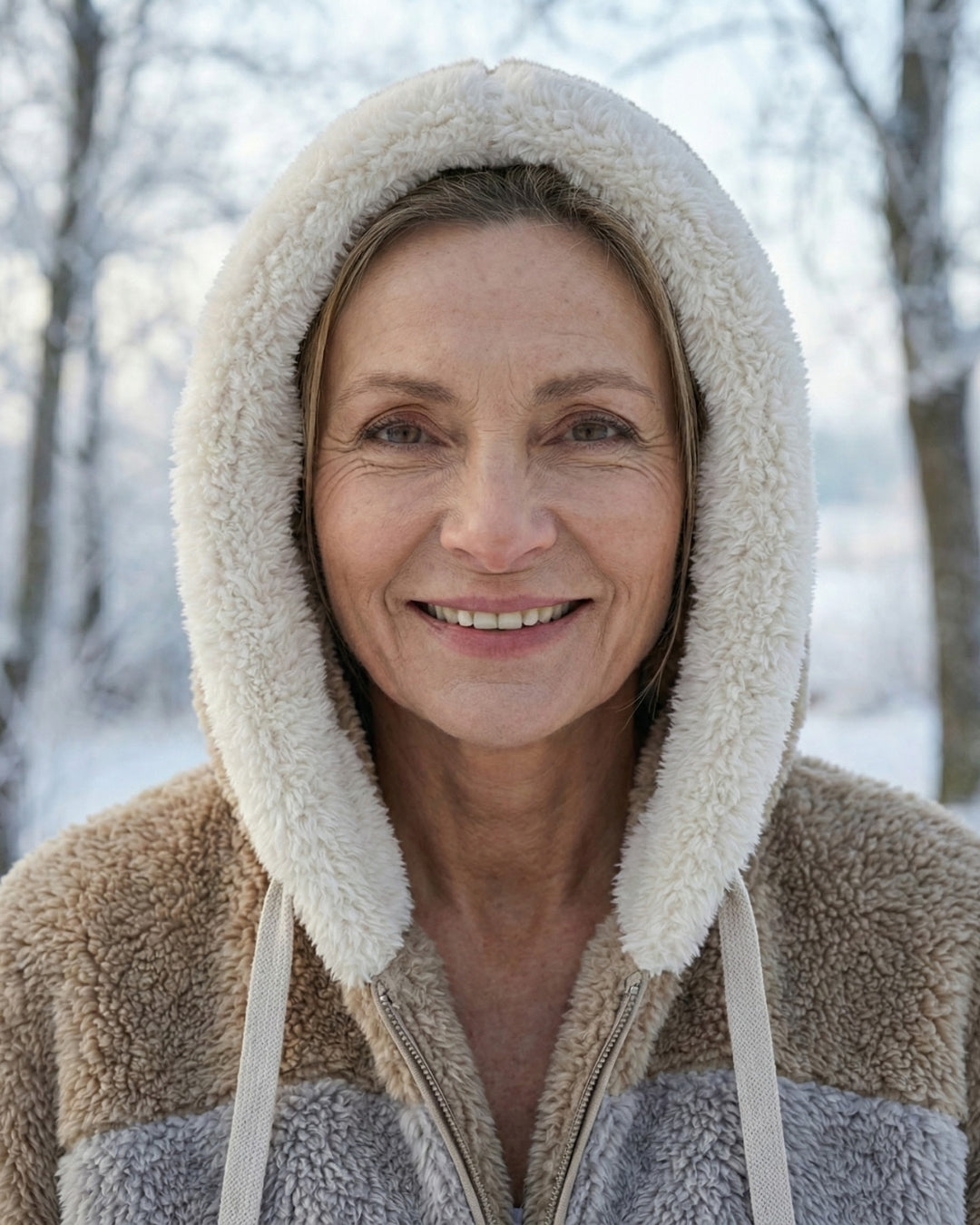 Colorblock plush jacket hood with white drawstrings and zip front; beige and cream panels