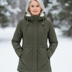 Olive green sherpa-lined parka with hood, zip front, and snap button pockets