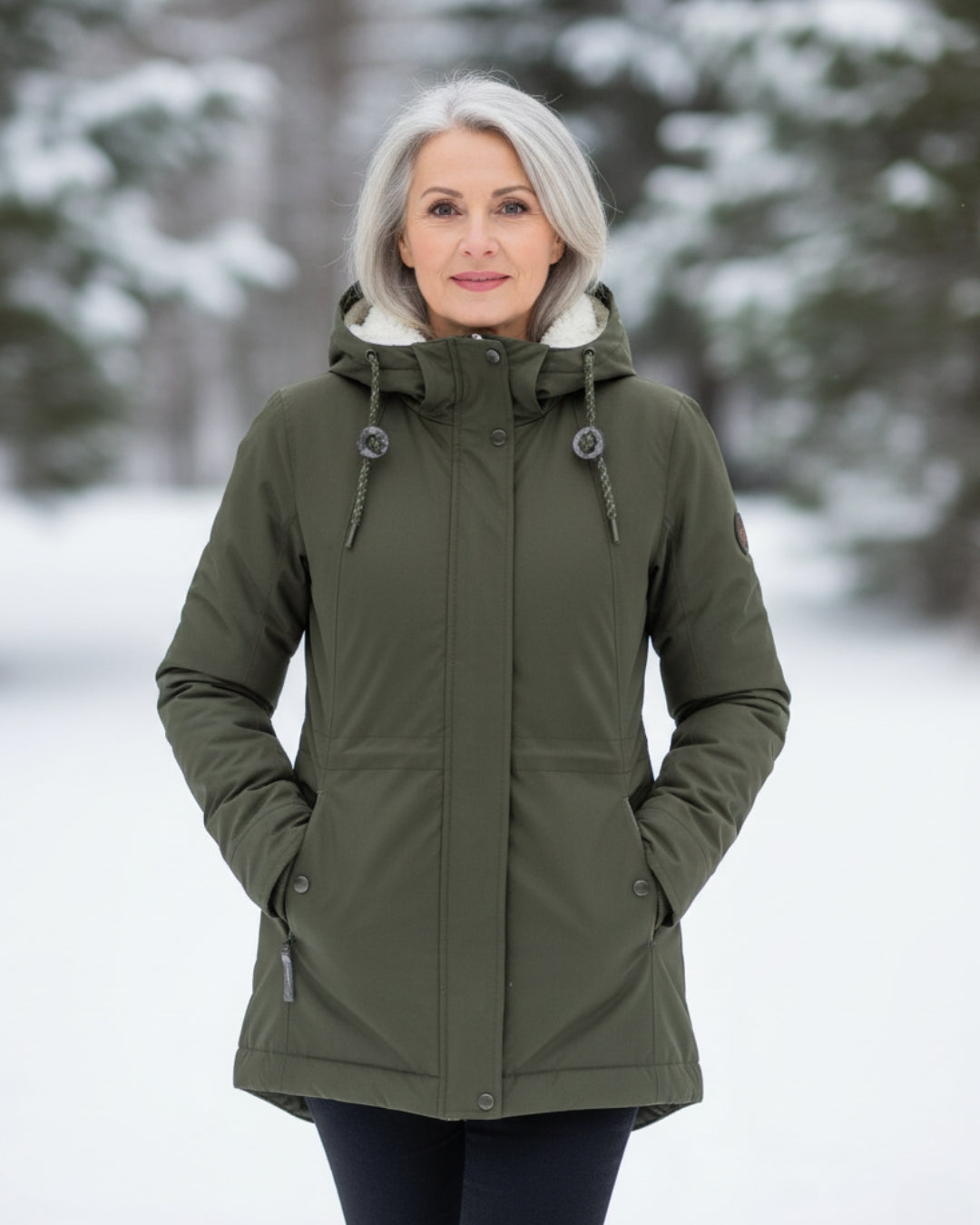 Olive green sherpa-lined parka with hood, zip front, and snap button pockets