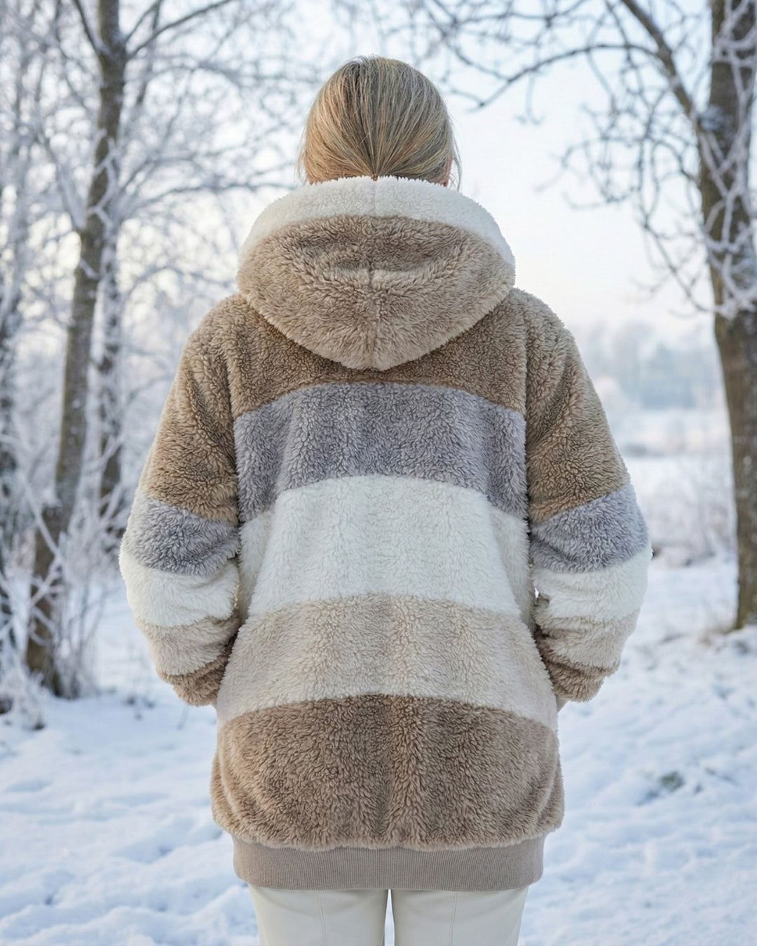 Colorblock plush hooded jacket with zip, tan and gray stripes, front pockets.