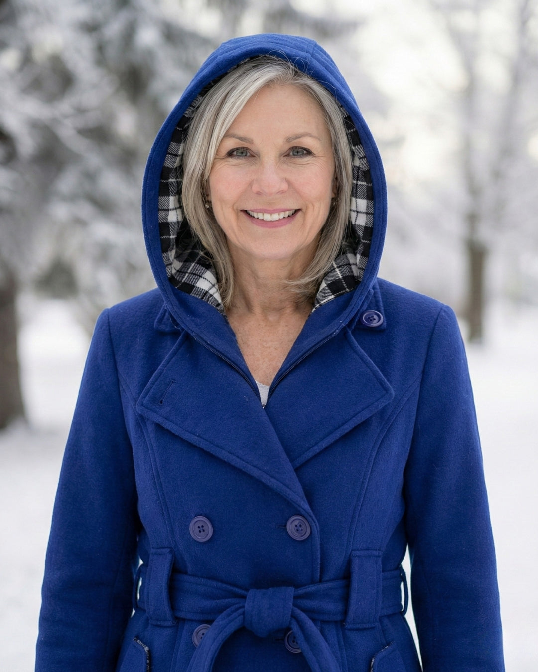 Blue wool hooded coat with plaid hood lining and double-button lapels.