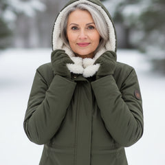 Sherpa-lined olive parka with hood, front view, snap pockets