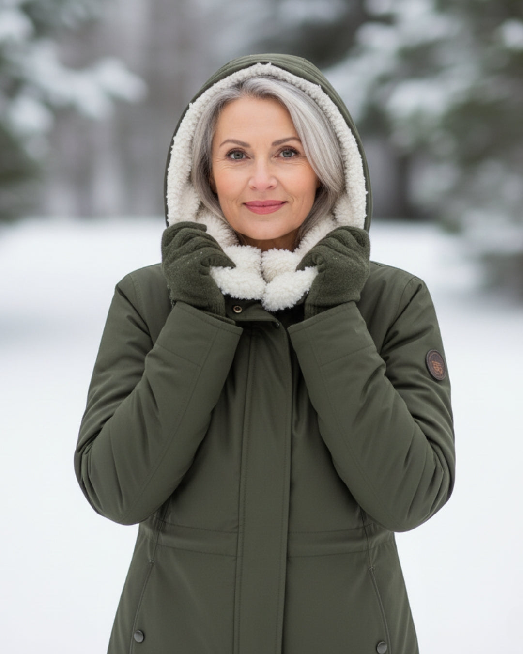 Sherpa-lined olive parka with hood, front view, snap pockets
