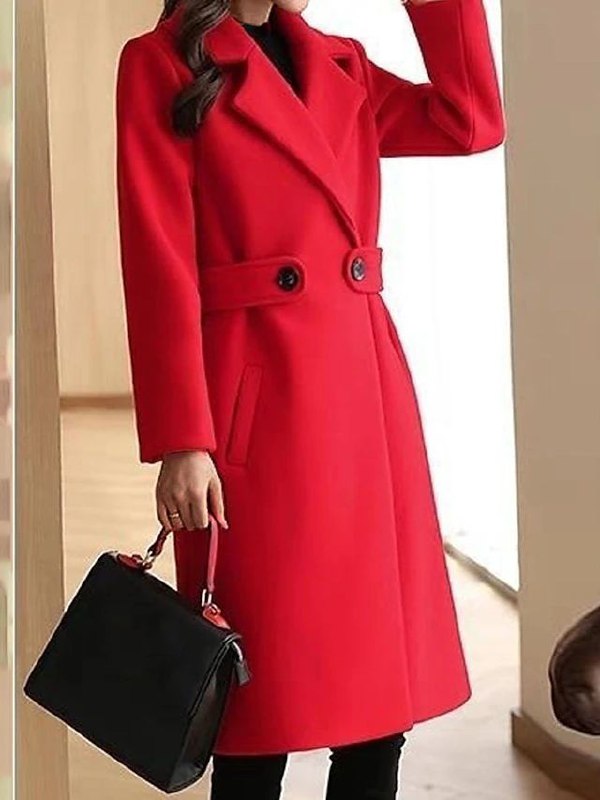 Red long overcoat with notched lapels, double-breasted buttons, and waist belt