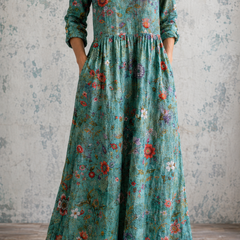 Teal floral summer dress, V-neck, three-quarter sleeves, gathered waist, ankle length