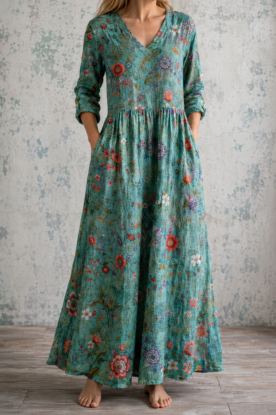 Teal floral summer dress, V-neck, three-quarter sleeves, gathered waist, ankle length