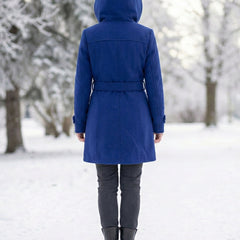Blue wool hooded coat, rear view, with waist belt and button placket.