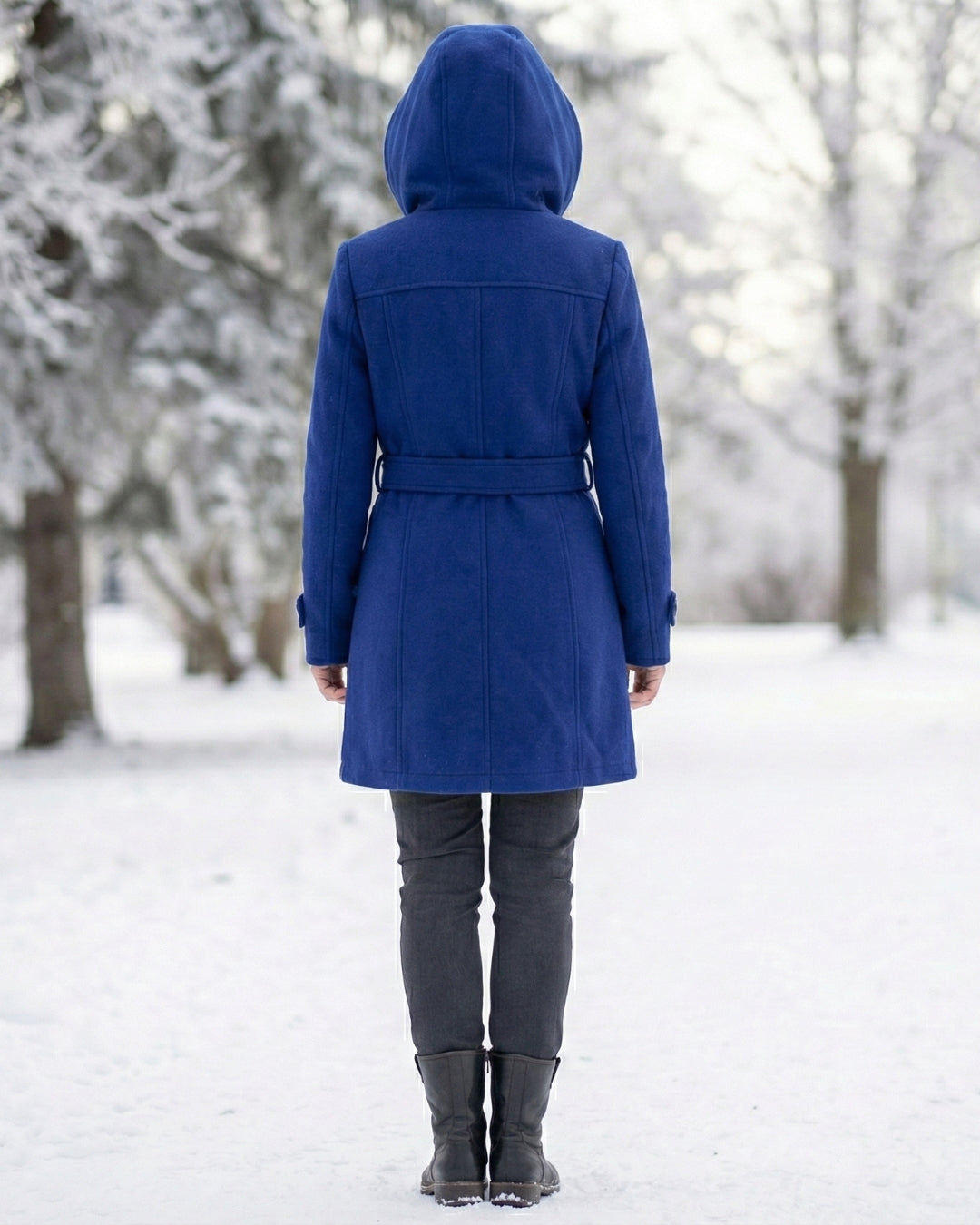 Blue wool hooded coat, rear view, with waist belt and button placket.