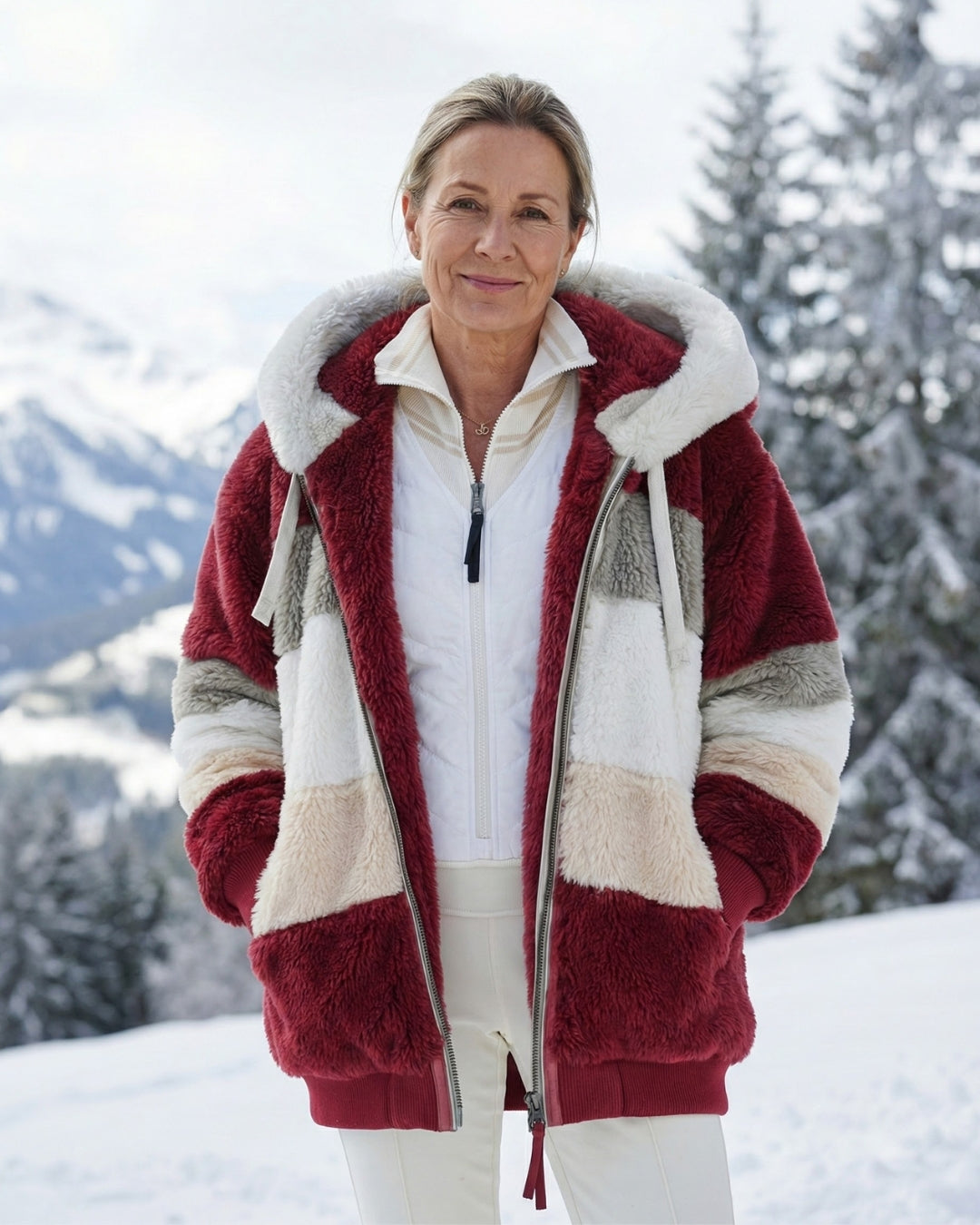 Colorblock plush hooded jacket with zip, burgundy, cream, and gray stripe blocks.