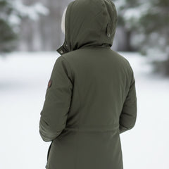 Sherpa-lined olive parka, back view, full-zip with hood