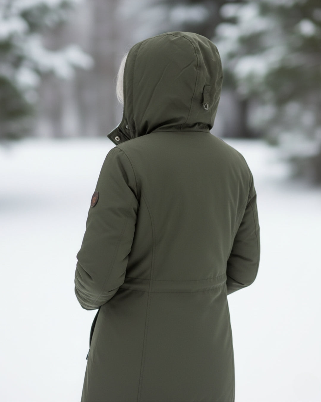 Sherpa-lined olive parka, back view, full-zip with hood