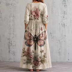 Floral summer dress with back yoke, three-quarter sleeves, gathered waist, butterfly print
