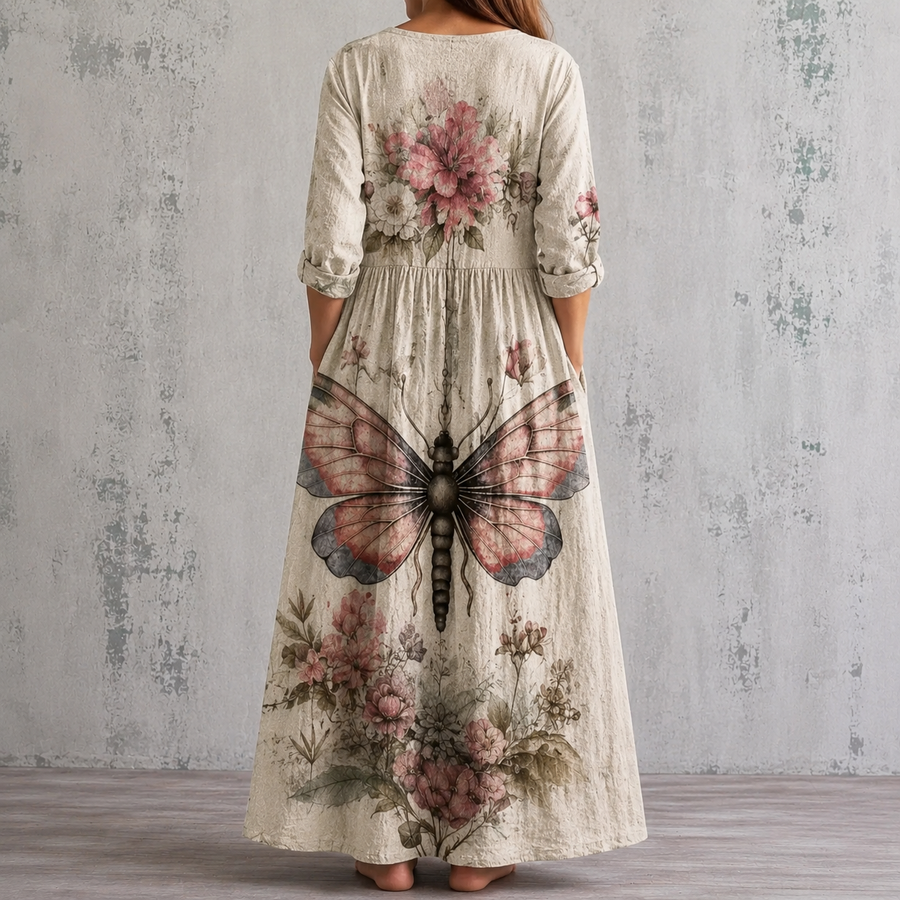 Floral summer dress with back yoke, three-quarter sleeves, gathered waist, butterfly print