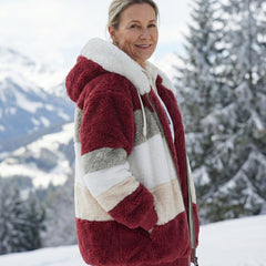 Colorblock plush hooded jacket with zip, burgundy outer with cream and gray stripes.