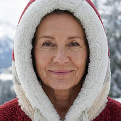 Colorblock plush hooded jacket with zip, burgundy color with white hood lining.