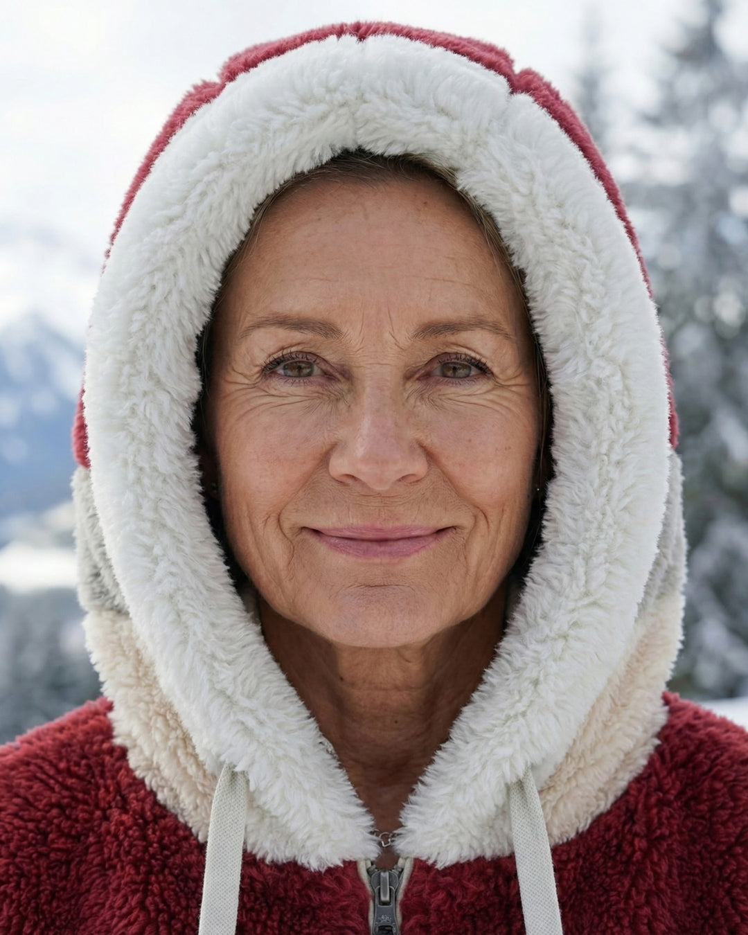 Colorblock plush hooded jacket with zip, burgundy color with white hood lining.