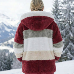 Colorblock plush hooded jacket with zip, burgundy and gray striped back design.