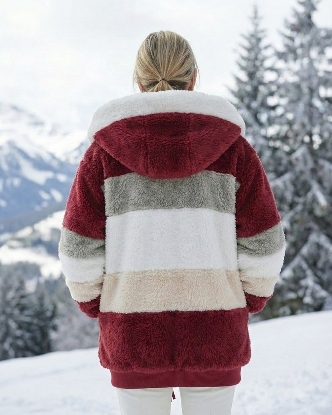 Colorblock plush hooded jacket with zip, burgundy and gray striped back design.