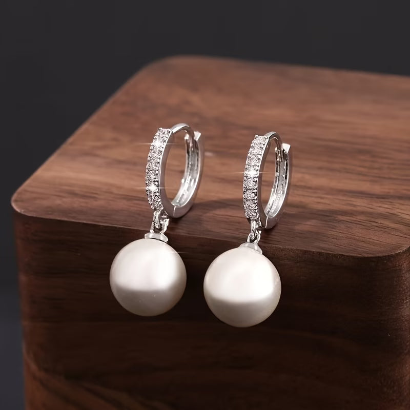 Geometric pearl drop earrings with silver pavé hoops