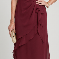 Elegant chiffon draped dress in bordeaux with ruched twist bodice and layered ruffles