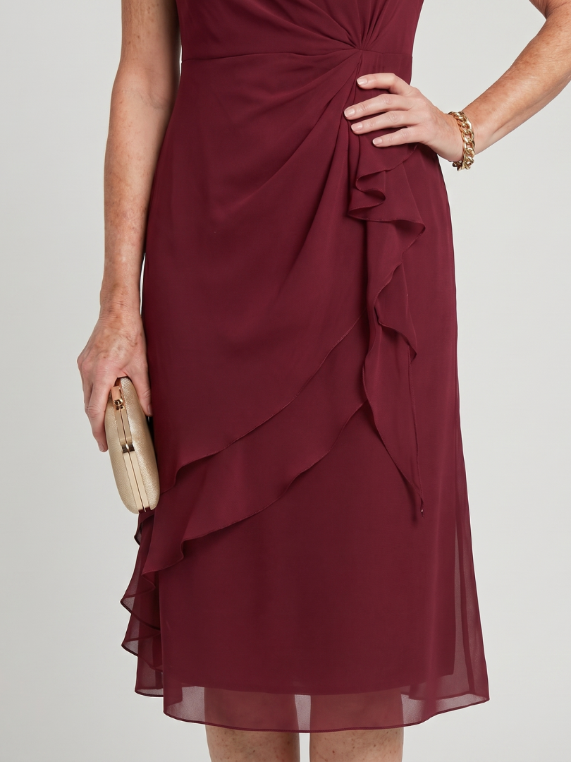 Elegant chiffon draped dress in bordeaux with ruched twist bodice and layered ruffles