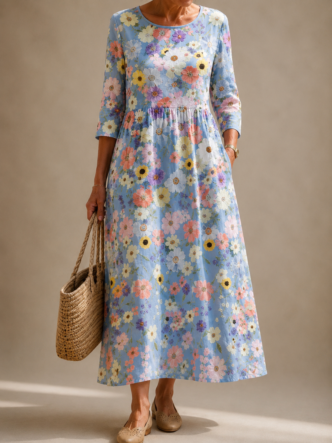 Women's long-sleeve floral dress in light blue with gathered waist and buttoned cuffs