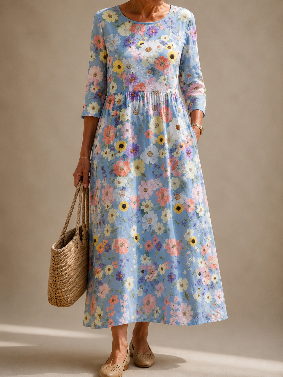 Women's long-sleeve floral dress in light blue with gathered waist and buttoned cuffs