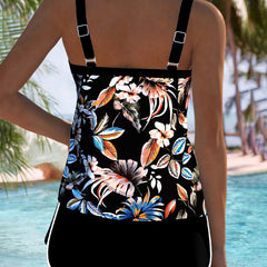 Black floral printed U-neck sleeveless tankini top with attached shorts, back straps
