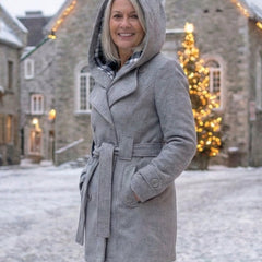 Plaid-collar wool coat, light gray, hood with plaid collar and waist belt