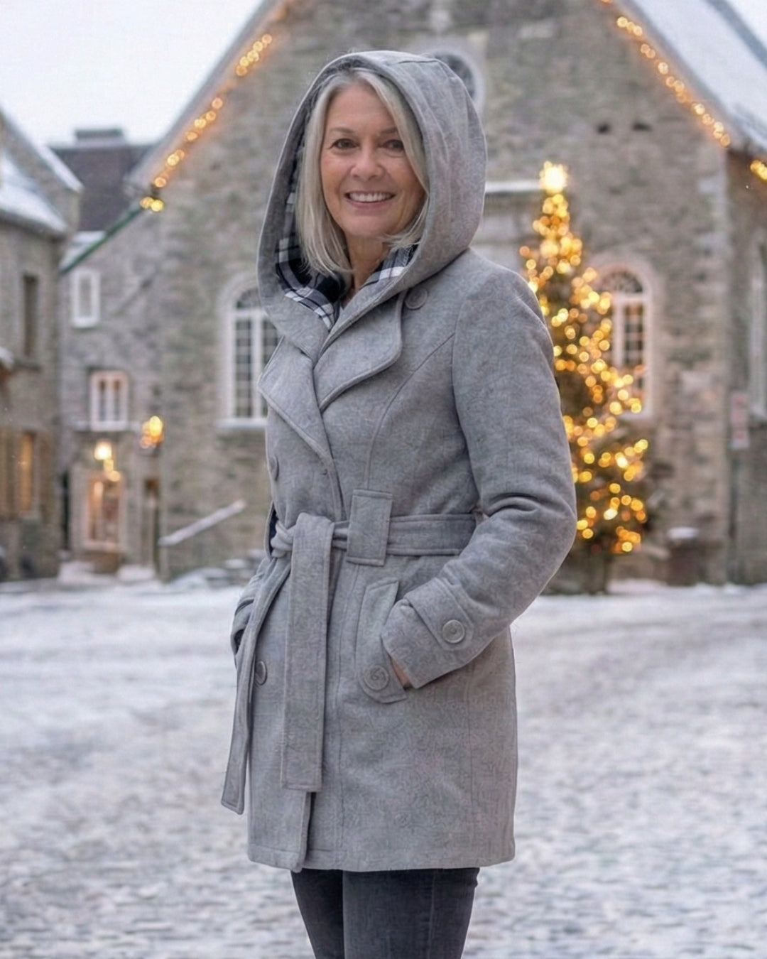 Plaid-collar wool coat, light gray, hood with plaid collar and waist belt