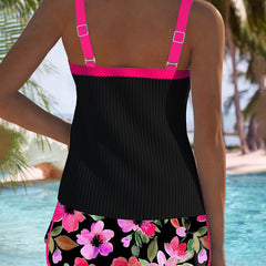 Back view of two-piece tankini set: black tank with purple straps, floral shorts
