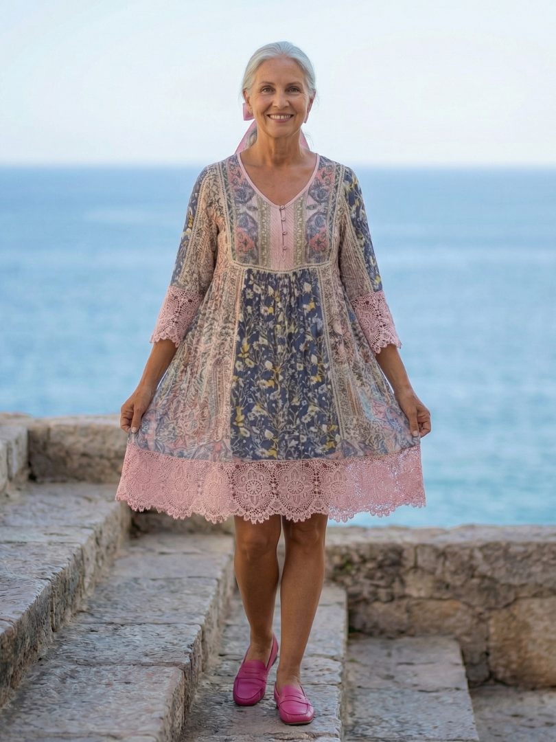 Floral vintage garden dress with V-neck, lace sleeves and scalloped pink hem