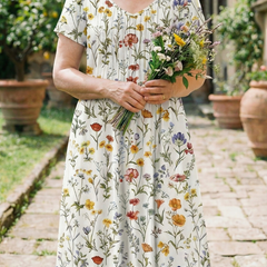 White floral field dress with short sleeves and scoop neckline, gathered front