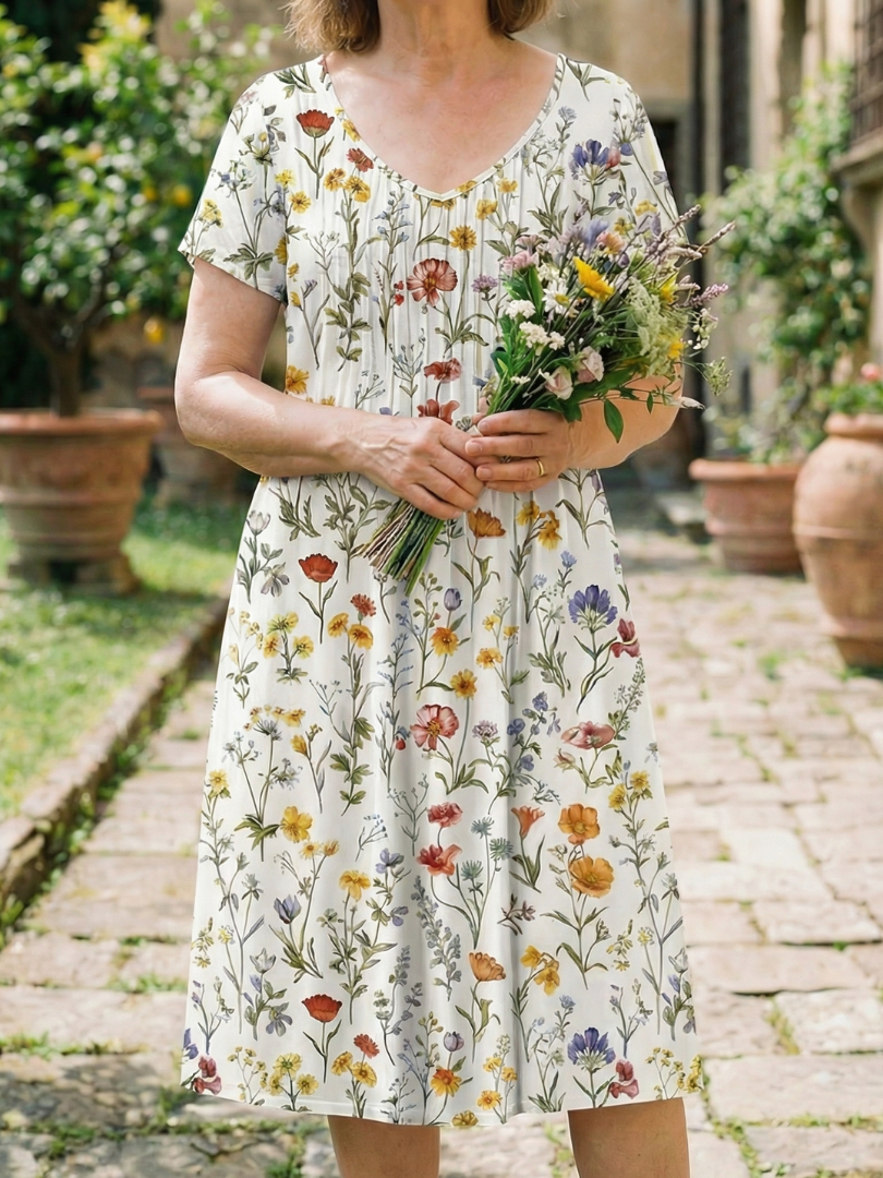 White floral field dress with short sleeves and scoop neckline, gathered front