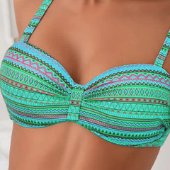 Teal green striped balconette bikini top with gathered center and thin adjustable straps
