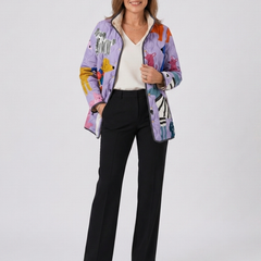 Quilted dog-print casual jacket, multicolor with front buttons and long sleeves