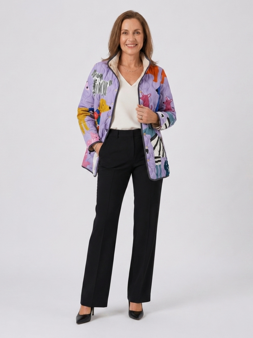 Quilted dog-print casual jacket, multicolor with front buttons and long sleeves