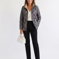 Quilted floral print jacket in dark gray with multicolor flowers, side pockets