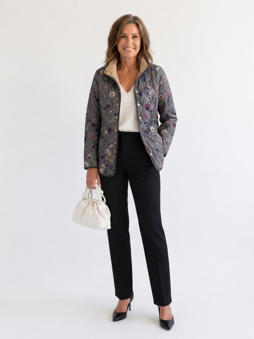 Quilted floral print jacket in dark gray with multicolor flowers, side pockets