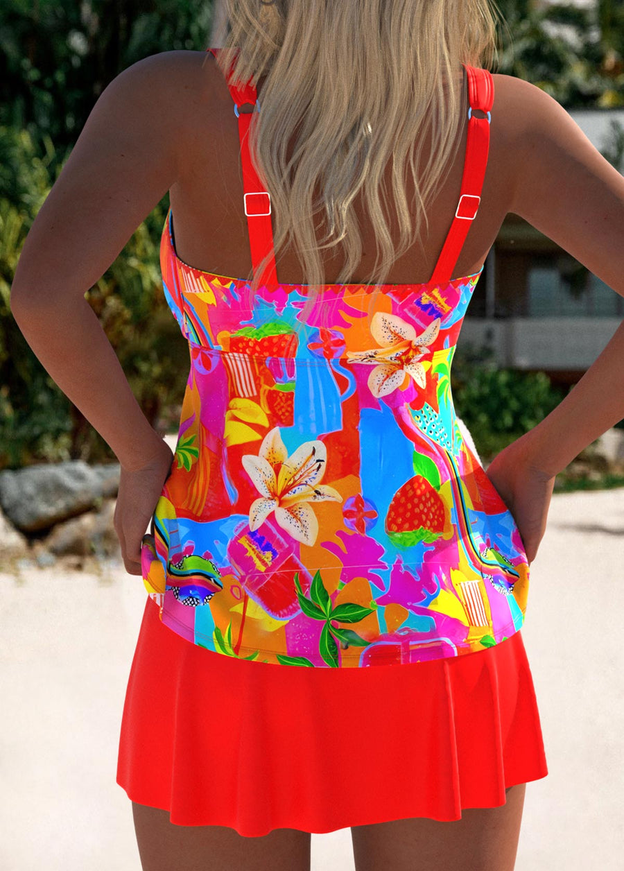 Floral tankini swimdress back view with multicolor print and coral skirt overlay