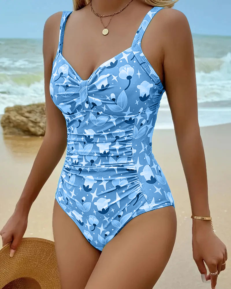 Blue printed one-piece tankini swimsuit with ruched front and camisole straps