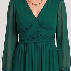 Chloe™ green chiffon dress bodice, V-neck ruching, long balloon sleeves