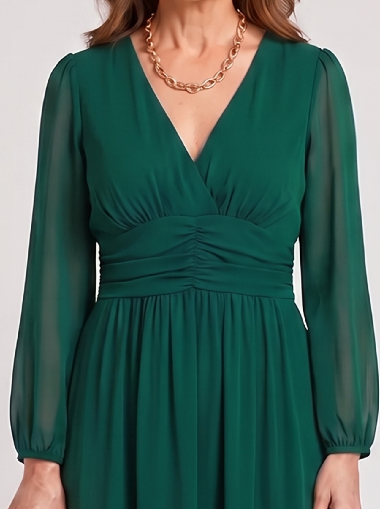 Chloe™ green chiffon dress bodice, V-neck ruching, long balloon sleeves