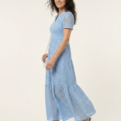 Sky blue V-neck short-sleeve tiered maxi dress, side view with tiered skirt