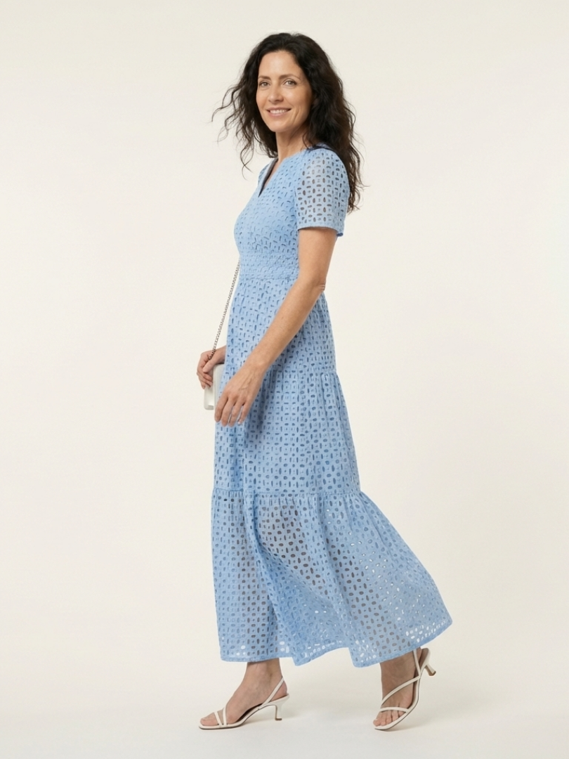 Sky blue V-neck short-sleeve tiered maxi dress, side view with tiered skirt