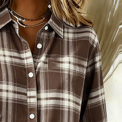 Plaid button-up shirt with notched collar, dark brown and white check, long sleeves